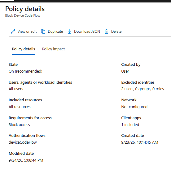 Microsoft Entra Conditional Access policy Block Device Code Flow: state On (recommended), all users, block access, authentication flow deviceCodeFlow, with two accounts excluded.