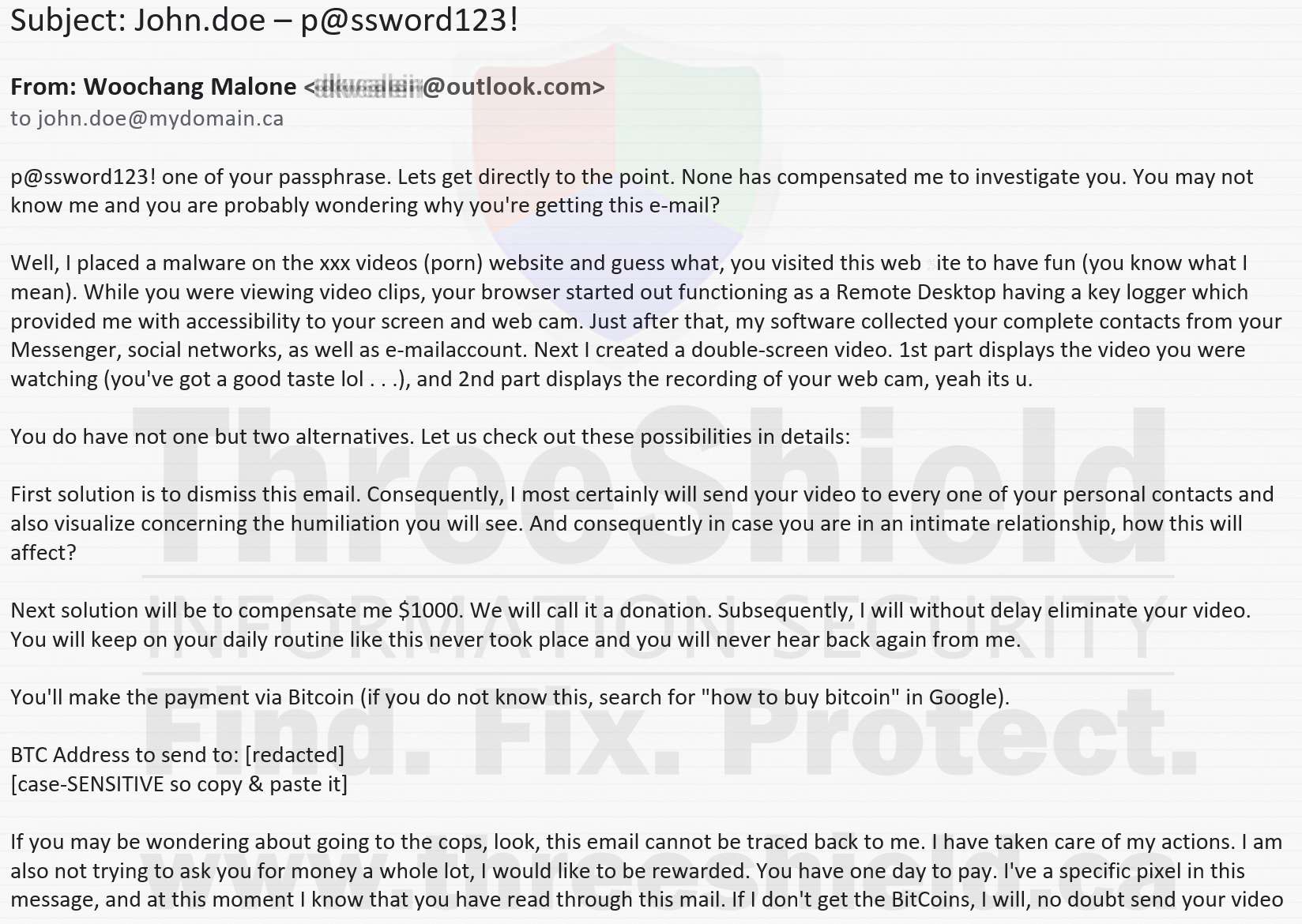 A LinkedIn sextortion email that quotes a breached password to fake credibility